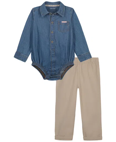 Calvin Klein Baby Boys' Long-sleeve Bodysuit And Pants, 2-piece Set In Blue