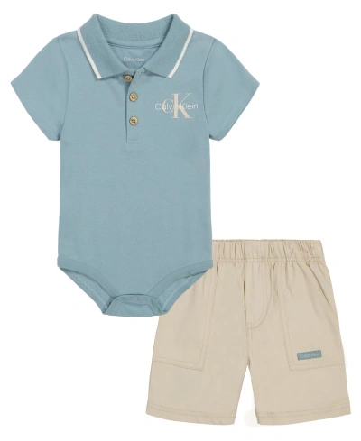 Calvin Klein Baby Boys Short Sleeve Tipped Polo Bodysuit And Canvas Shorts, 2 Piece Set In Green