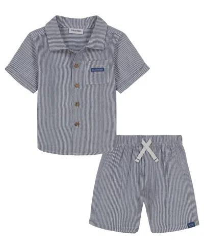 Calvin Klein Baby Boys Striped Gauze Shirt And Shorts Set, 2 Piece Set In Navy Stripe