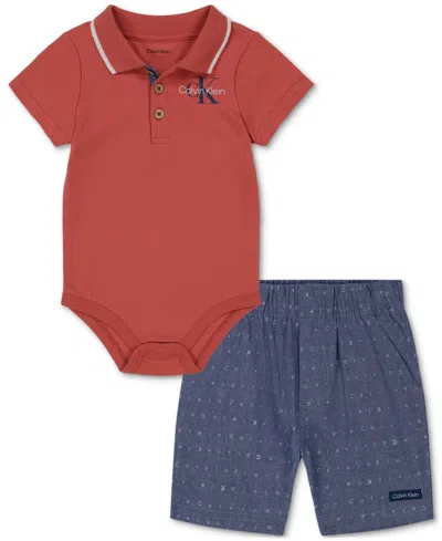 Calvin Klein Baby Boys Tipped Polo Bodysuit & Printed Chambray Shorts, 2 Piece Set In Assorted