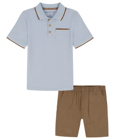 Calvin Klein Baby Boys' Tipped Polo Shirt And Twill Shorts, 2-piece Set In Blue