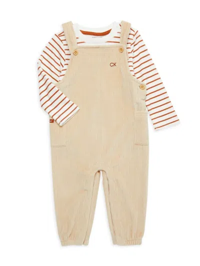 Calvin Klein Baby Girl's 2-piece Striped Tshirt & Overall Set In Beige Multi