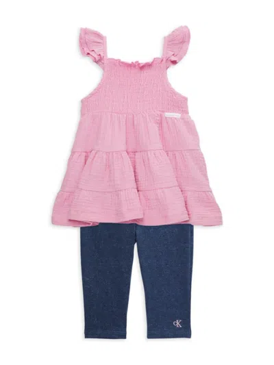 Calvin Klein Baby Girl's 2-piece Tiered Top & Solid Pants Set In Pink Blue