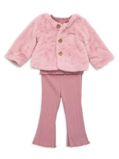 Calvin Klein Baby Girl's 3-piece Logo Top, Leggings & Faux Fur Bolero Jacket Set In Pink