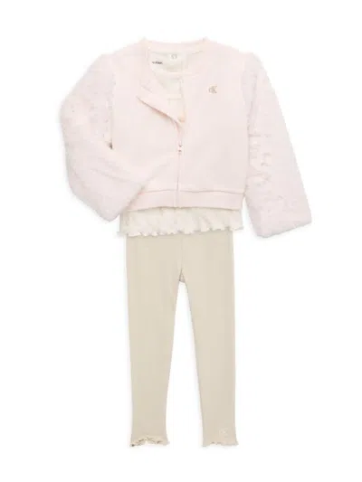 Calvin Klein Baby Girl's 3-piece Logo Top, Pants & Faux Fur Trim Jacket Set In White Multi
