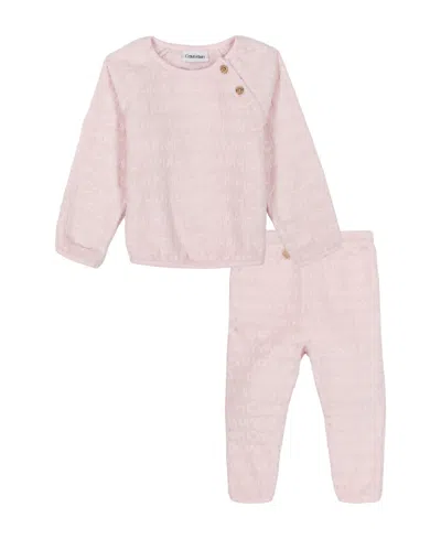 Calvin Klein Baby Girl Debossed Logos Sherpa Sweatsuit, 2 Piece Set In Pink