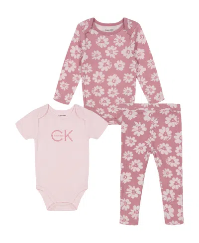 Calvin Klein Baby Girl Floral Set: Long Sleeve Floral Bodysuit Short Sleeve Logo Bodysuit Knit Pants In Assorted
