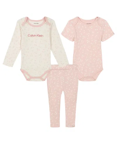 Calvin Klein Baby Girl Two-tone Floral Set: Long Sleeve Floral Bodysuit Short Sleeve Floral Bodysuit Knit Pants In Assorted