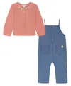 Calvin Klein Baby Girls 2-piece Pointelle Rib Top And Denim Jumpsuit Set In Blue