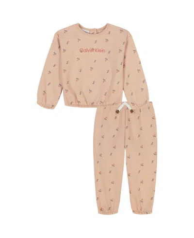 Calvin Klein Baby Girls 2-piece Printed Long Sleeve Top And Leggings Set In Brown