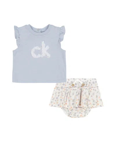 Calvin Klein Baby Girls 2-piece Rosette Logo T-shirt Printed Gauze Skirted Diaper Cover Set In Halogen Blue,white