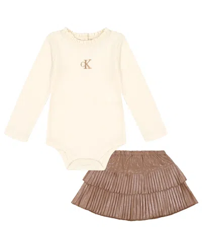 Calvin Klein Baby Girls 2-piece Ruffle Collar Bodysuit And Skirt Set In Brown