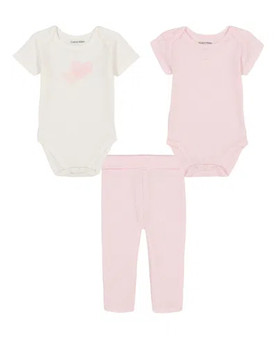 Calvin Klein Baby Girls 3-piece Logo Hearts Bodysuits And Printed Leggings Set In Egret,pale Lilac
