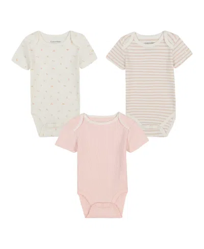 Calvin Klein Baby Girls 3-piece Short Sleeve Bodysuit Set In Vanilla,chintz Rose