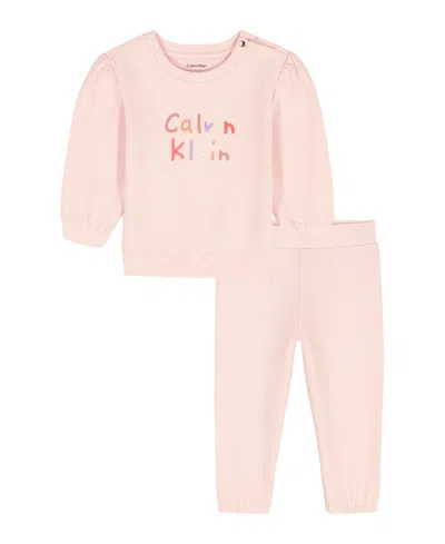Calvin Klein Baby Girls' Crewneck Top And Jogger Pants, 2-piece Set In Pink
