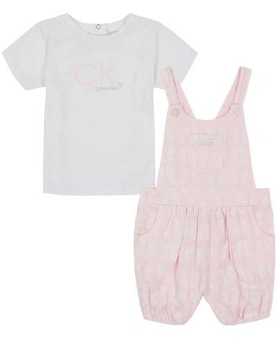 Calvin Klein Baby Girls Jersey Logo T-shirt And Butterfly Print Muslin Shortalls Set In Pink