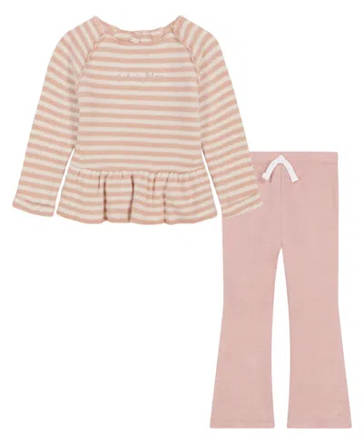 Calvin Klein Kids' Baby Girls' Long-sleeve Striped Flared-leg Top And Flare Pants, 2-piece Set In Pink