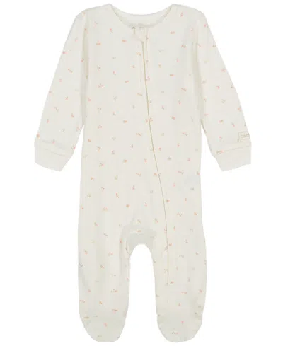 Calvin Klein Baby Girls Printed Knit Footed Zip-up Coverall In Vanilla,chintz Rose