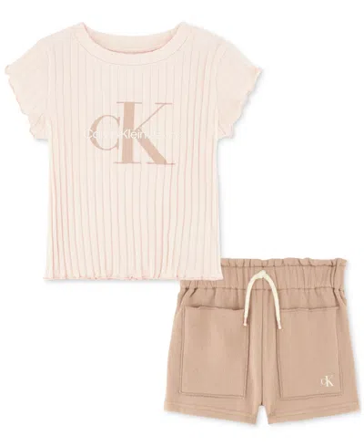 Calvin Klein Baby Girls Ribbed Logo T-shirt & Crepe French Terry Shorts, 2 Piece Set In Assorted