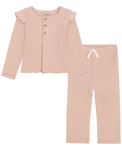 Calvin Klein Kids' Baby Girls' Ruffle-trim Long-sleeve Top And Wide-leg Pants, 2-piece Set In Blue