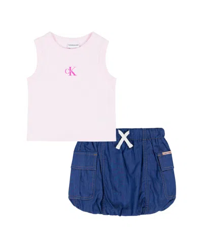 Calvin Klein Baby Girls' Shirred Bodysuit & Flared Denim Skirt, 2-piece Set In Multi