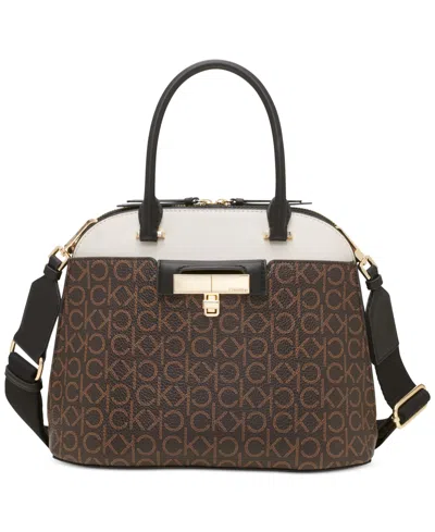 Calvin Klein Becky Signature Convertible Turnlock Dome Satchel In Brn Khk ml
