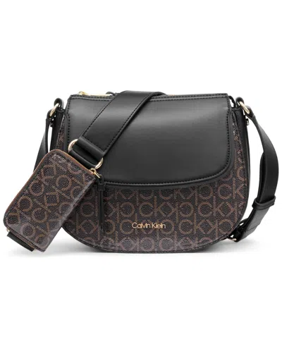 Calvin Klein Bella Signature Adjustable Crossbody In Brown Khk,blk