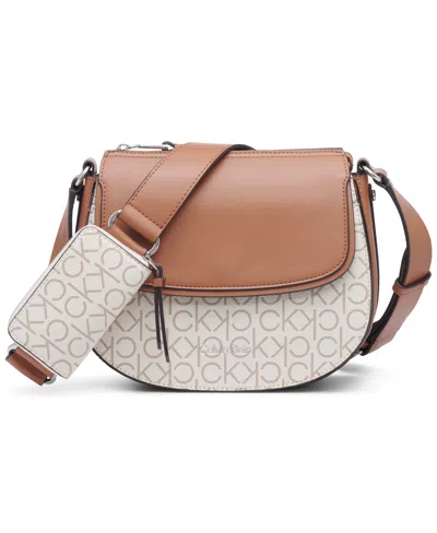 Calvin Klein Bella Signature Adjustable Crossbody In Van Khk,caramel