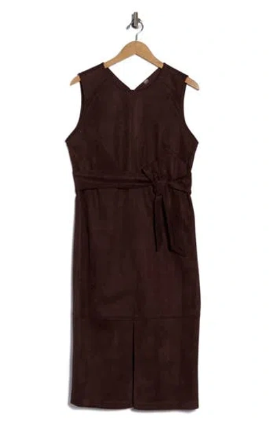 Calvin Klein Belted Faux Suede Midi Sheath Dress In Brown