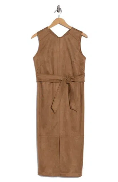 Calvin Klein Belted Faux Suede Midi Sheath Dress In Brown