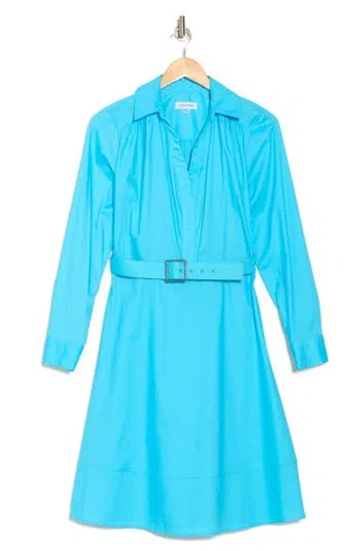 Calvin Klein Belted Long Sleeve Dress In Blue