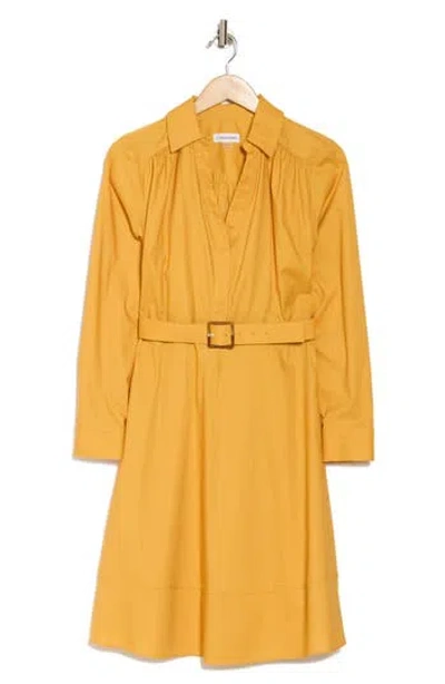 Calvin Klein Belted Long Sleeve Dress In Yellow