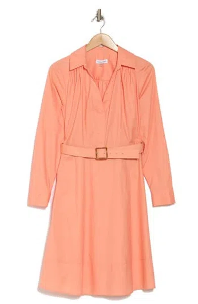 Calvin Klein Belted Long Sleeve Dress In Orange