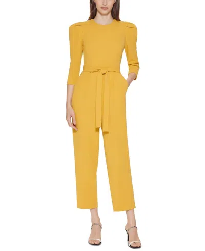 Calvin Klein Belted Puff Shoulder Jumpsuit In Mustard Yellow