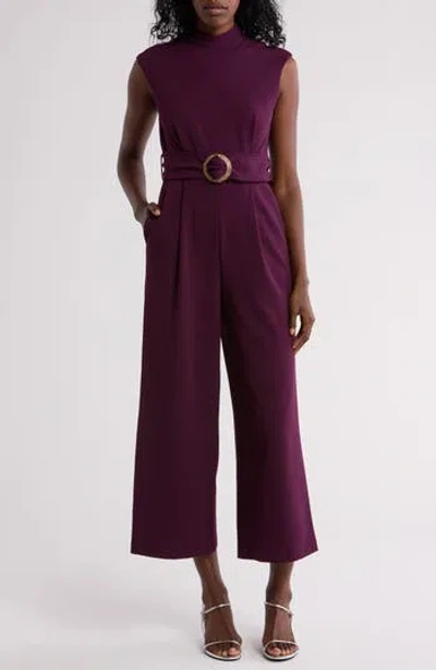 Calvin Klein Belted Scuba Crepe Jumpsuit In Aubergine