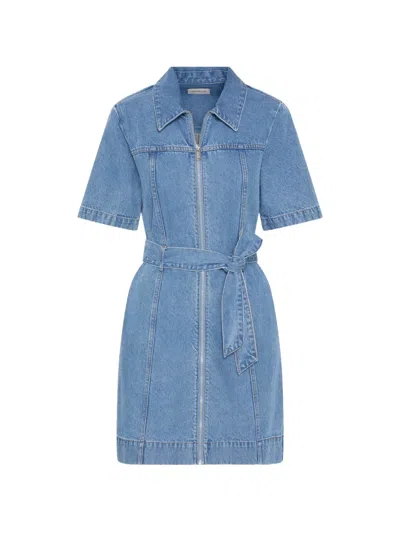 Calvin Klein Belted Zip-up Denim Mini Dress In Blue
