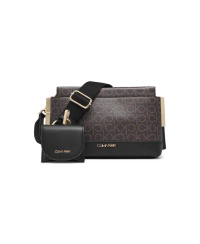 Calvin Klein Bianca Signature Adjustable Crossbody In Brown Khaki,black