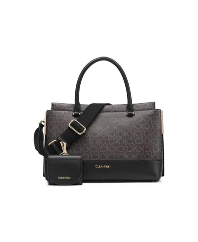 Calvin Klein Bianca Signature Triple Compartment Convertible Satchel In Brown Khaki,black