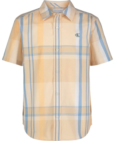 Calvin Klein Kids' Big Boys Exploded Yard-dyed Plaid Shirt In Peach Cobbler