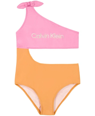 Calvin Klein Kids' Big Girls Colorblock Cut Out One Piece Swimsuit In Dark Pink