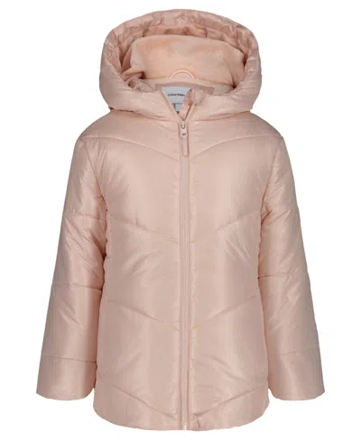 Calvin Klein Kids' Big Girls Curved Quilt Puffer With Hood Jacket In Pink
