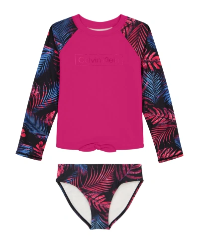 Calvin Klein Kids' Big Girls Dark Tropical Rashgaurd Set Swimsuit In Dark Pink