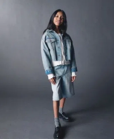 Calvin Klein Kids' Big Girls Denim Hooded Jean Jacket Denim Jort Shorts In Blue