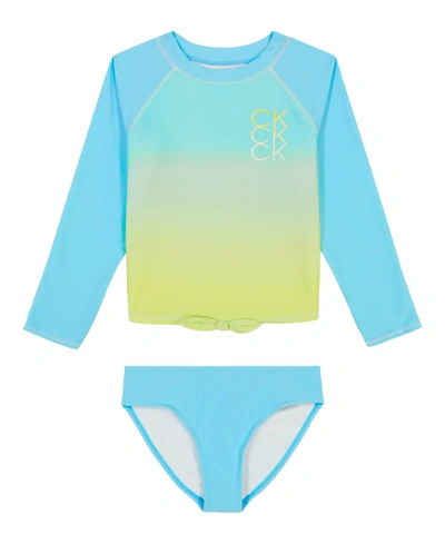 Calvin Klein Kids' Big Girls Dip Dye Effect Rashgaurd Set Swimsuit In Turquoise,aqua