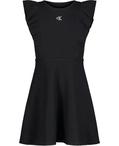 Calvin Klein Kids' Big Girls Flutter Rib Dress In Black