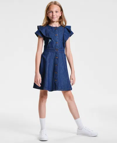 Calvin Klein Kids' Big Girls Flutter-sleeve Denim Dress In Blue