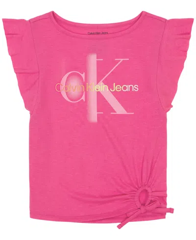 Calvin Klein Kids' Big Girls Flutter-sleeve Keyhole-tie Logo Graphic T-shirt In Fuchsia Fe