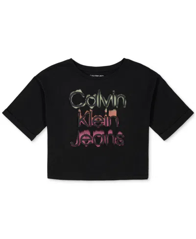Calvin Klein Kids' Big Girls Glow  Jean Oversize Logo T-shirt In Black Beau