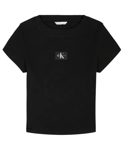 Calvin Klein Kids' Big Girls Monogram Patch Rib T-shirt In Black