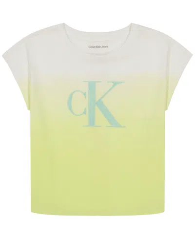 Calvin Klein Kids' Big Girls Ombre Dolman-sleeve Sequin Logo T-shirt In Sunny Lime